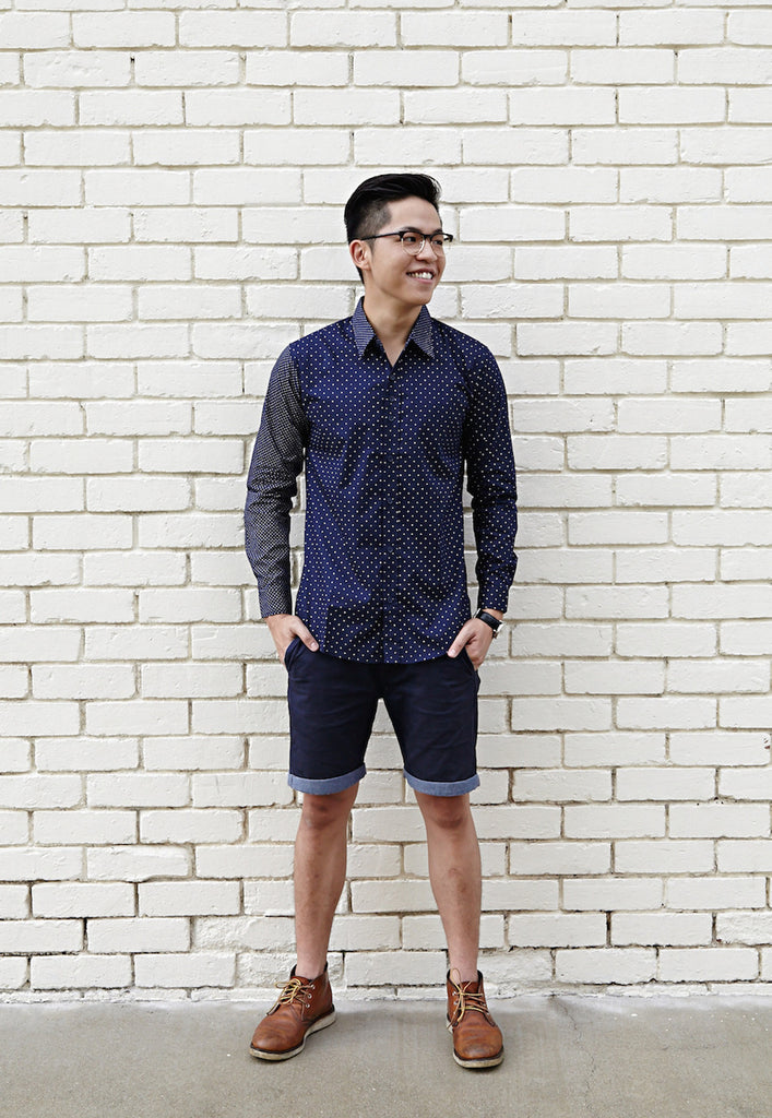 NAVY SHIRT X WHITE DOTS; WIDE (BODY); NARROW (SLEEVE) johnnylucy NAVY SHIRT X WHITE DOTS; WIDE (BODY); NARROW (SLEEVE) johnnylucy