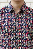 RED COCKTAIL FLORAL PRINT SHIRT X CONTRAST NAVY BLUE